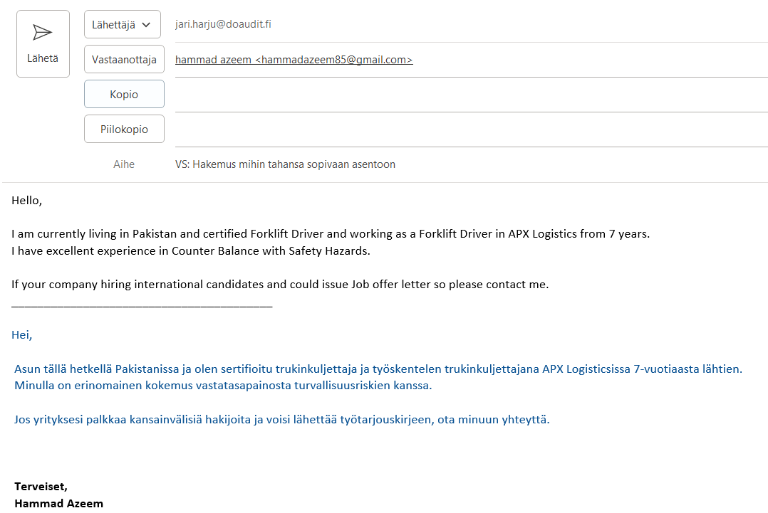 DoAudit's tweet photo. ja taas uusi työhakemus: ... mihin tahansa sopivaan asentoon...
Kaikkea sitä tuleekin ja yritetään saada Suomesta (turva)paikkaa. Kääntäjät kääntää ja Tietäjät tietää...
#pakistan #tyopaikkahakemus #sopiva #asento https://t.co/CGJEG9rM81