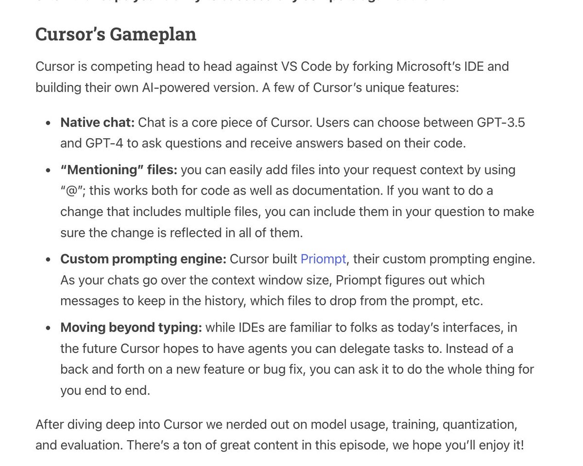 swyx's tweet image. 🆕 pod with @amanrsanger of Cursor.so!  

latent.space/p/cursor 

Covering:

- joining @OpenAI Converge and getting early access to GPT-4 
- Rethinking the UI/UX for coding 
- The thinking behind Cursor's current featureset, including prompting (ft. Priompt!),…