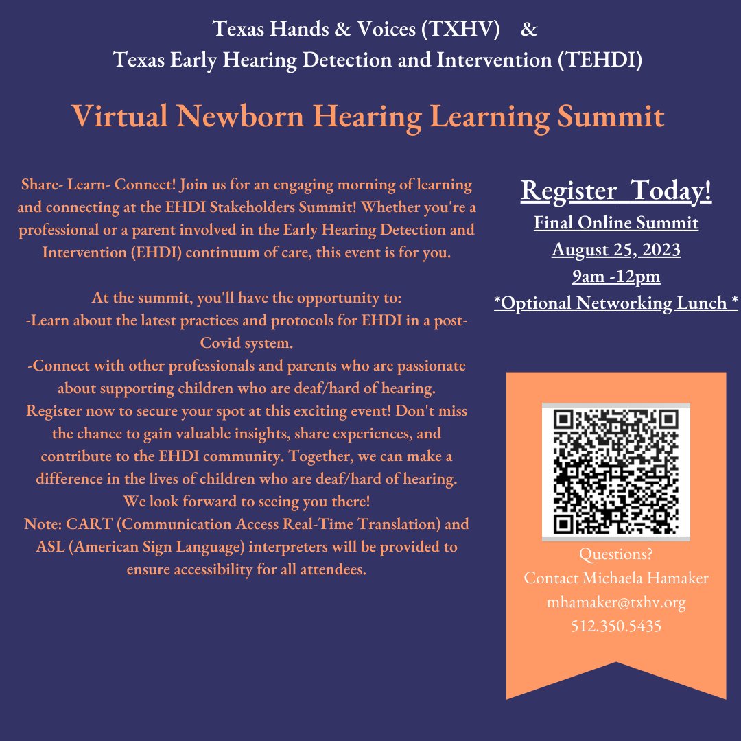 TXHandV's tweet image. Did you miss out on attending our regional Newborn Hearing Learning Summits earlier this month? Join us for a virtual summit this Friday! Registration is free and open to parents and professionals. ASL and CART accommodations available upon request.