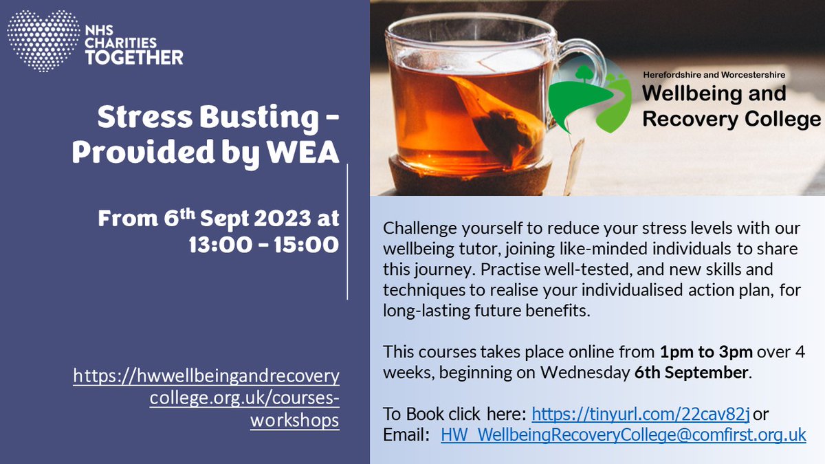 You have just enough time to book onto this course to learn new stress busting techniques at the start of the new term.  Click here to book: tinyurl.com/22cav82j or call: 0300 302 0458 #WorcestershireHour #herefordshire #mentalhealth