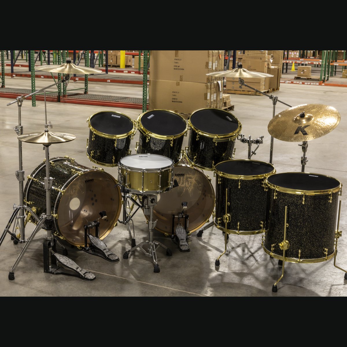 Check out this incredible kit for #ddrum artist David Bland of the Band Full of Hell! USA Custom Birch with brass-plated hardware. 10x12 rack tom, 11x13 rack tom, 12x14 rack tom, 16x16 and 16x18  floor toms, 2- 16x22 bass drums rounded out by a 6.5x14 prototype brass snare!