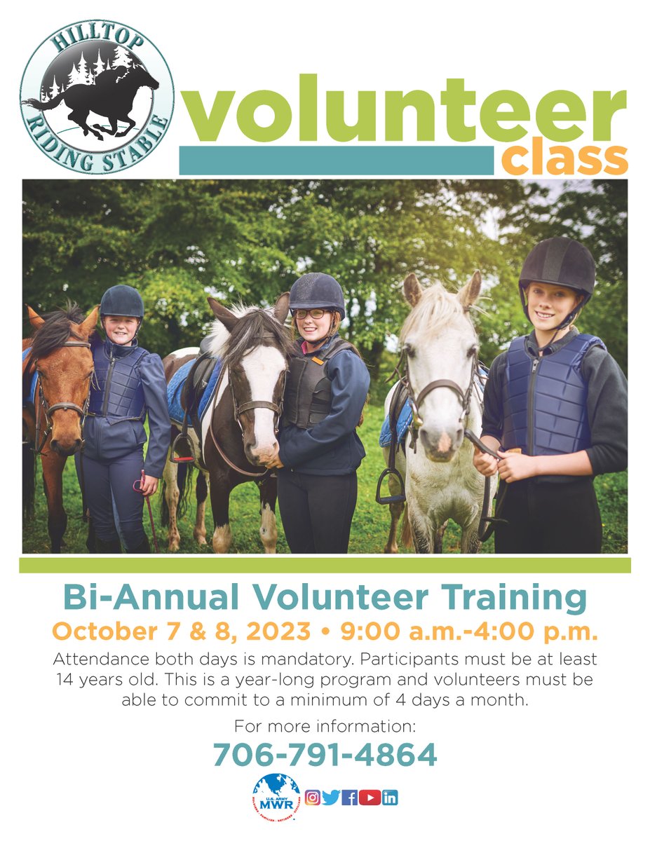 🐎Giddy up and call Fort Gordon MWR Hilltop Riding Stable before registration closes on their next volunteer training weekend - October 7th & 8th.

For more details or to sign up, just call 706-791-5078.

#GordonMWR #HilltopRidingStable #VolunteerOrientation