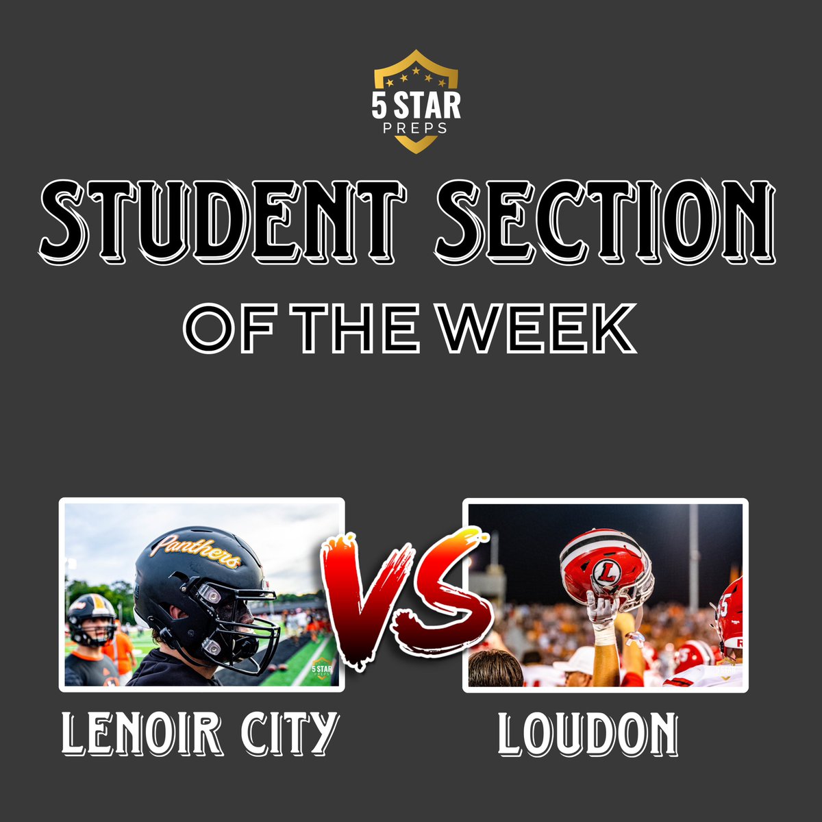 STUDENT SECTION OF THE WEEK

Battle of the Bridge - 2023

Lenoir City vs Loudon 🤯🤯

Vote at 5StarPreps.com until NOON on Friday. Scroll down the homepage until you see the poll - and then cast your vote.