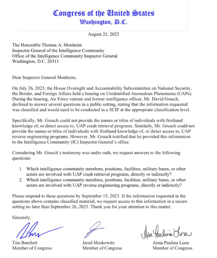 theblackvault's tweet photo. Hey now we're talking. The hunt for answers!

Sent yesterday to Thomas A. Monheim, Inspector General of the Intelligence Community by @RepTimBurchett et al.

Clock's tickin'! Response requested by no later than September 26, 2023. 

Let the paper trails be generated!