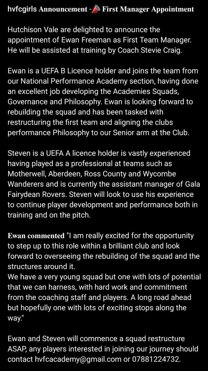 𝐀𝐧𝐧𝐨𝐮𝐧𝐜𝐞𝐦𝐞𝐧𝐭 -📣 𝐌𝐚𝐧𝐚𝐠𝐞𝐦𝐞𝐧𝐭 𝐓𝐞𝐚𝐦 𝐀𝐩𝐩𝐨𝐢𝐧𝐭𝐦𝐞𝐧𝐭

Hutchison Vale is delighted to announce the appointment of Ewan Freeman as First Team Manager, he will be assisted at training by Coach Stevie Craig .

#Hutchie🟡⚫️ #newbeginnings #letsgo