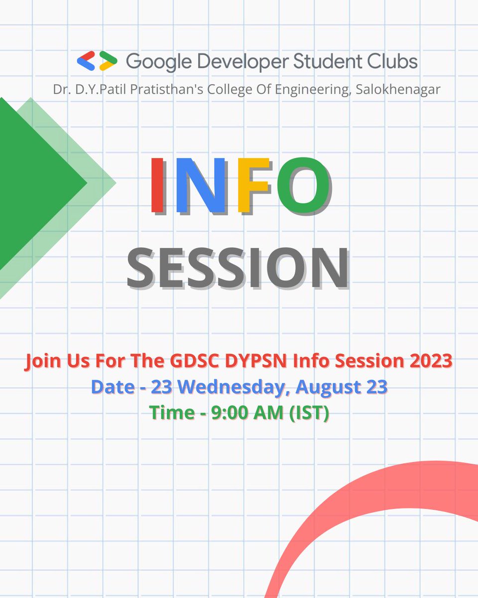 GDGC_DYPSN's tweet photo. 🎉 Exciting News! 🎉
The GDSC (Google Developer Student Club) at DYPSN (Dr. DY Patil Pratishthan's College of Engineering, Salokhenagar - Kolhapur) is thrilled to announce its Info Session for academic year 2023-24. Get ready to dive into the world of technology and innovation.. https://t.co/Kd9Rb1Ri64