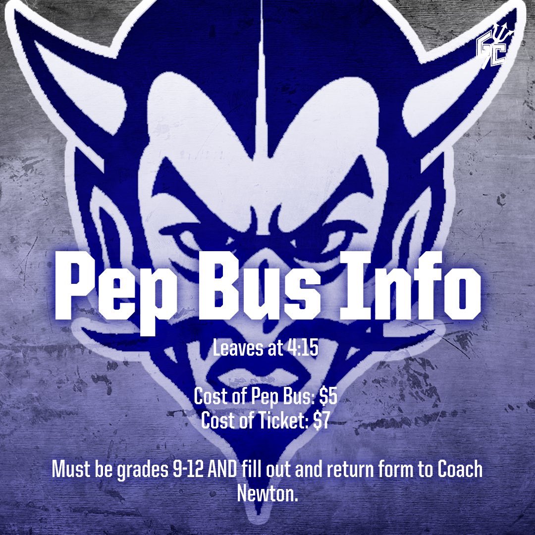 GCHSDevilDen's tweet photo. The theme for this Friday’s game at Richland’s will be ⚪️WHITE OUT⚪️ 

Also get signed up to ride the pep bus on Friday! GO BIG BLUE! https://t.co/K2HEmGWrIk