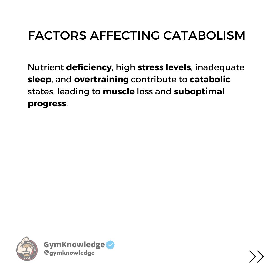 GymKnowledgeOne's tweet image. In the world of fitness, the battle between muscle growth and catabolism is real. 💥 Catabolism, the process where your body breaks down molecules, including precious muscle tissue, can be a formidable opponent to your gains. Here&apos;s a breakdown of how it works. #trainingtips #gym