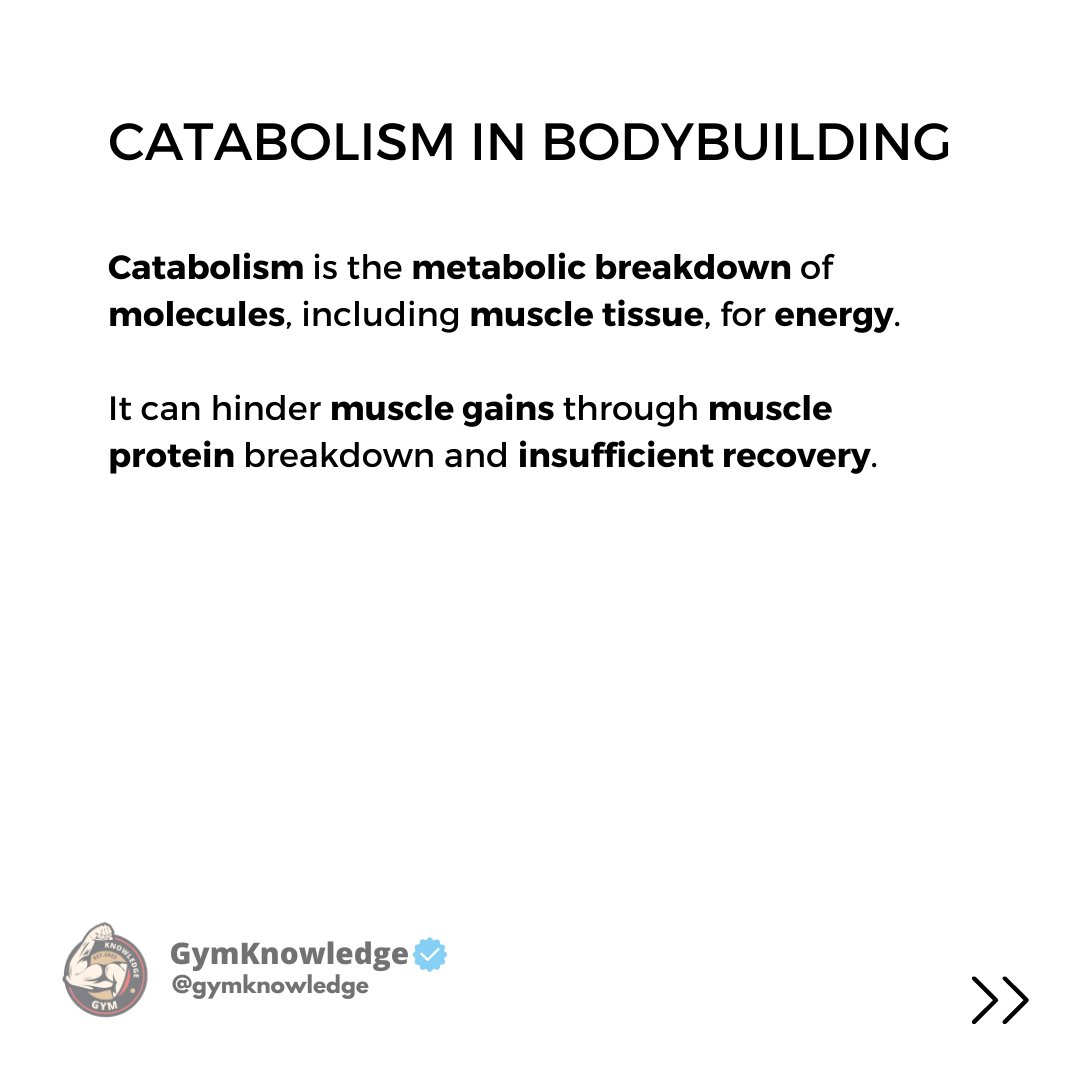 GymKnowledgeOne's tweet image. In the world of fitness, the battle between muscle growth and catabolism is real. 💥 Catabolism, the process where your body breaks down molecules, including precious muscle tissue, can be a formidable opponent to your gains. Here&apos;s a breakdown of how it works. #trainingtips #gym