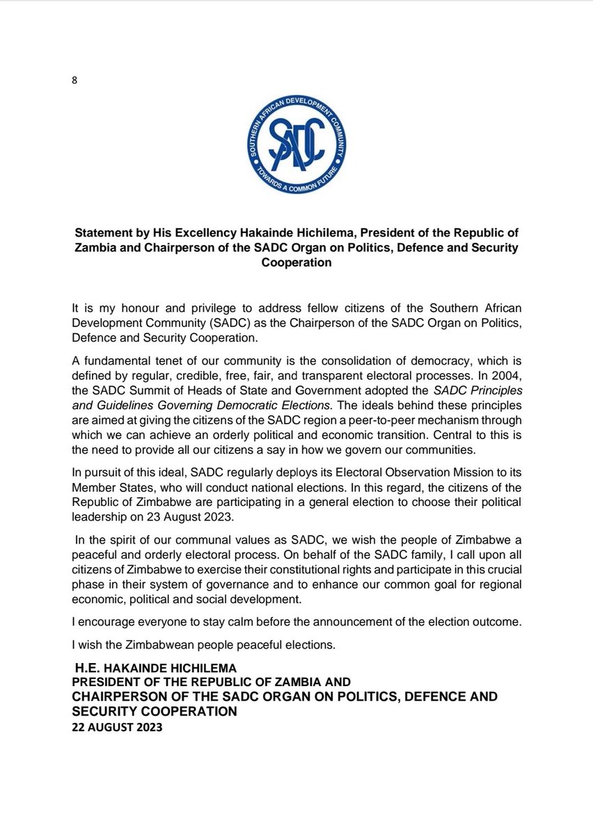 ZambiaMFAIC's tweet photo. Statement by Mr. Hakainde Hichilema,  President of the Republic of Zambia  and Chairperson of the SADC Organ on Politics, Defence and Security Cooperation. 
22.08.2023 https://t.co/OyHtmKT6vd