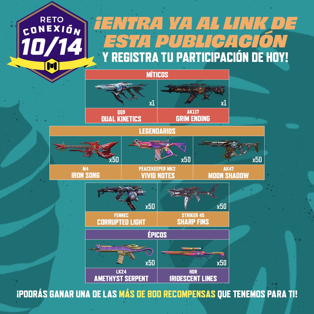 CODMobileLATAM's tweet photo. ¡Registra tu participación de hoy!👾
Recuerda que solo tienes que acumular 10 inicios de sesión en días distintos, a través de este enlace: https://t.co/218YtJHLlz ❗

Nota: El registro se reinicia todos los días a las 6 PM CT, ¡corre!🤪 https://t.co/Lt1QKFAg1W