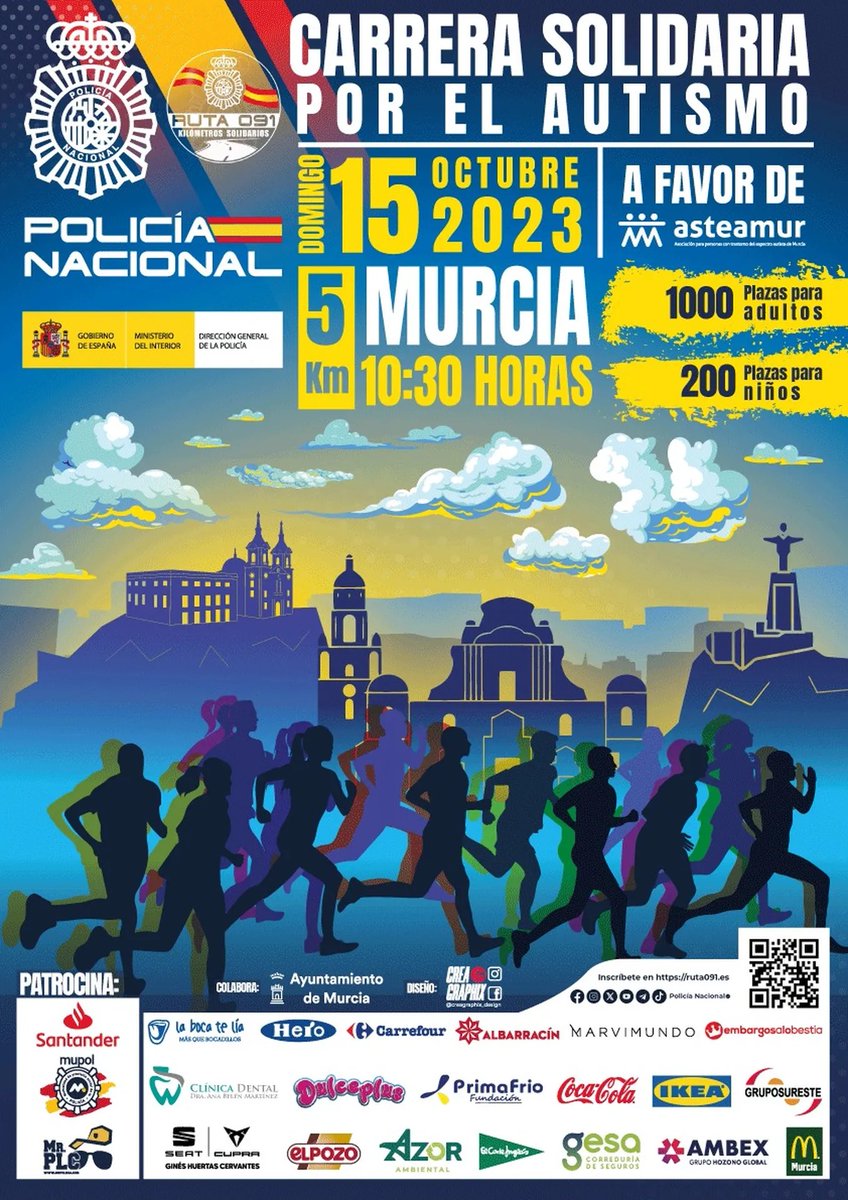 🏃‍♂️Apúntate ahora que puedes⤵

Carrera Solidaria #Ruta091 en #Murcia a favor de <a href="/Asteamur/">Asteamur</a> 

📆15 de octubre
📍  10:30 h

Inscripciones abiertas⤵ ruta091.es

<a href="/polimupol/">Mupol</a>
<a href="/santander_es/">Santander España</a>
<a href="/MrPLC091/">Mr. Policía</a>