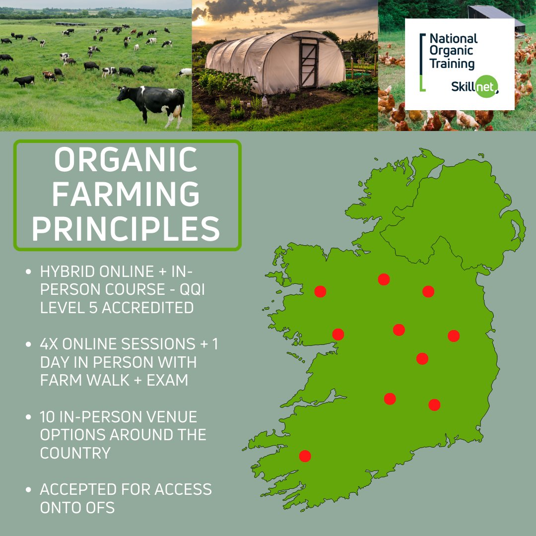 Our Hybrid Organic Farming Principles course begins next Wednesday August 30th. 4x evenings online then 1-day in person at one of 7 remaining locations throughout the country (Naas, Killarney and Castlebar are sold out - sorry!) Get your cert before the October 1st deadline!