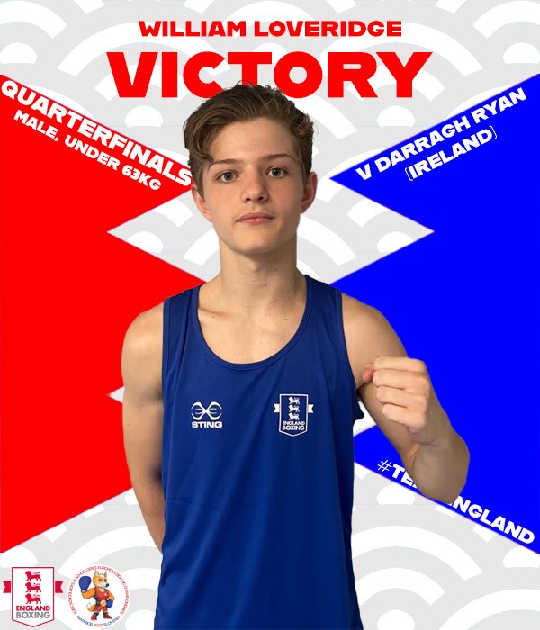 England_Boxing's tweet photo. SCHOOL EUROS 🥊

Male, Under 63kg - William Loveridge (England 🏴󠁧󠁢󠁥󠁮󠁧󠁿) beat Darragh Ryan (Ireland 🇮🇪) by a unanimous decision. 

#TeamEngland | #SchoolEuros23 | @SportingRingABC https://t.co/kZDTLJDG9z