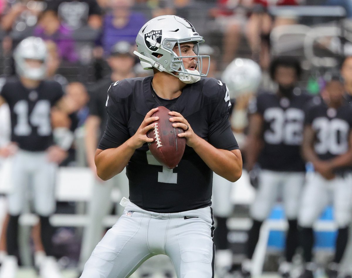 NFLonCBS's tweet image. 36 QBs have thrown at least 25 passes this preseason

NO ONE has a higher Passer Rating than @Raiders rookie Aidan O'Connell (125.2)