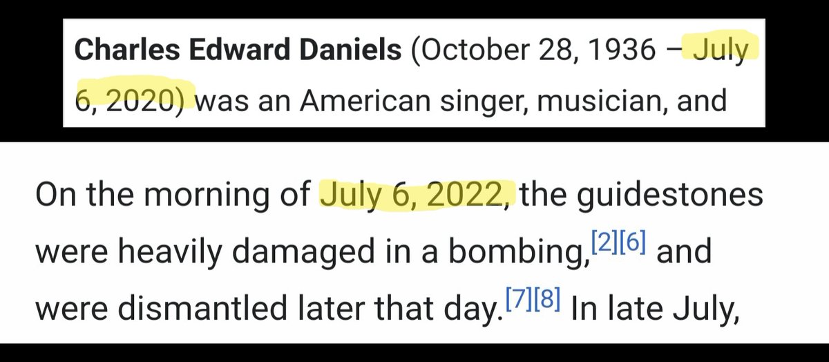 GematriaGlenn's tweet photo. @DJ98024 @Byronsam91 @MichaelInTruth @BiffDon @Tottykins1 @BillHicks02 #CharlieDaniels died exactly two years to the day before the #GeorgiaGuidestone explosion 💥🤷 https://t.co/llaMeSXqho