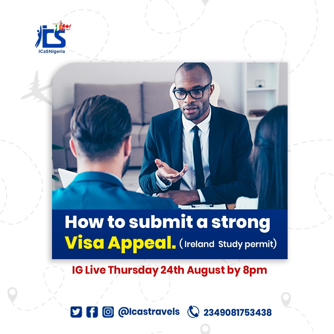 Are you an applicants who got refused by the Irish Embassy on their study permit applications. 

JOIN US ON IG LIVE  @icastravels 
For free guidance on how to submit a strong VISA APPEAL. 

THURSDAY 24TH AUG. 2023

#visaexpert #visaappeal #visarefusal #visatips #visa