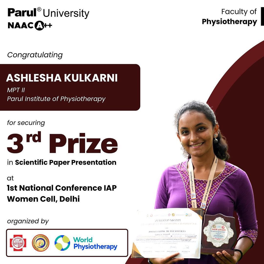 Paruluniversit3's tweet photo. *Ashlesha Kulkarni*, a student of
MPT 2nd year at PIPT, has achieved the remarkable
feat of securing the *3rd prize* in the *Scientific Paper Presentation* at the 1st National Conference of IAP
Women's Cell in Delhi. 
Her exceptional research and
presentation skills https://t.co/Acxzh6zzSf