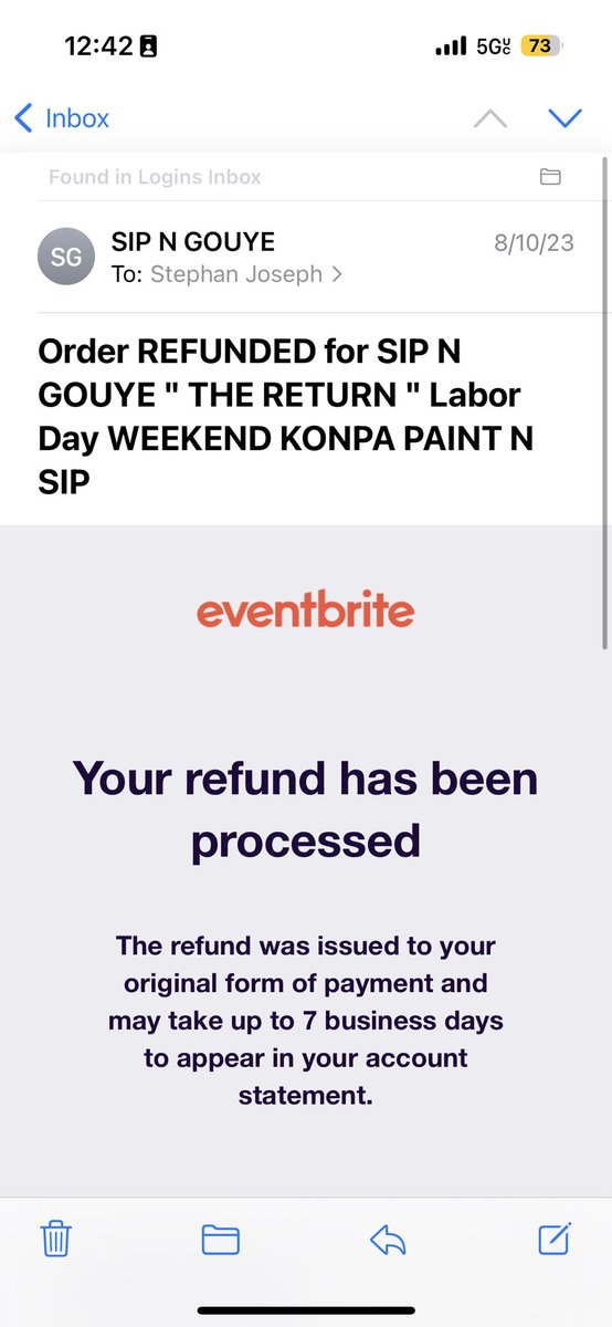 St3phJaY's tweet photo. @eventbrite I paid for an event that was cancelled. I received an email confirm this and that I would be receiving a refund within 7 days. It is now the 8th day and I have not received anything. Furthermore, I tried emailing the organizer but it bounced back. https://t.co/rJxL1wkSkL
