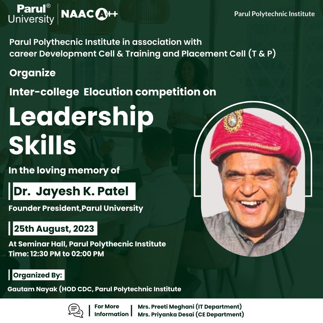 Paruluniversit3's tweet photo. Parul Polytechnic Institute, Career Development Cell in association with Training and Placement Cell has organized an Inter College Elocution Competition for students. the link below for registration:-
https://t.co/m57CLqbPYU https://t.co/vyMEyCyoFH