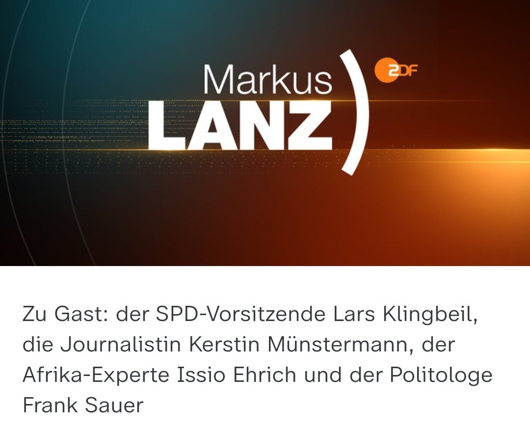 Markus Lanz (@markus__lanz) on Twitter photo 📺Die erste Markus #lanz Sendung nach der Sommerpause um 22:45 Uhr mit folgenden Gästen:
<a href="/KMuenstermann/">Kerstin Münstermann</a> , <a href="/larsklingbeil/">Lars Klingbeil 🇪🇺</a> , <a href="/IssioEhrich/">Issio Ehrich</a> und <a href="/drfranksauer/">Frank Sauer</a> 📺Die erste Markus #lanz Sendung nach der Sommerpause um 22:45 Uhr mit folgenden Gästen:
<a href="/KMuenstermann/">Kerstin Münstermann</a> , <a href="/larsklingbeil/">Lars Klingbeil 🇪🇺</a> , <a href="/IssioEhrich/">Issio Ehrich</a> und <a href="/drfranksauer/">Frank Sauer</a>