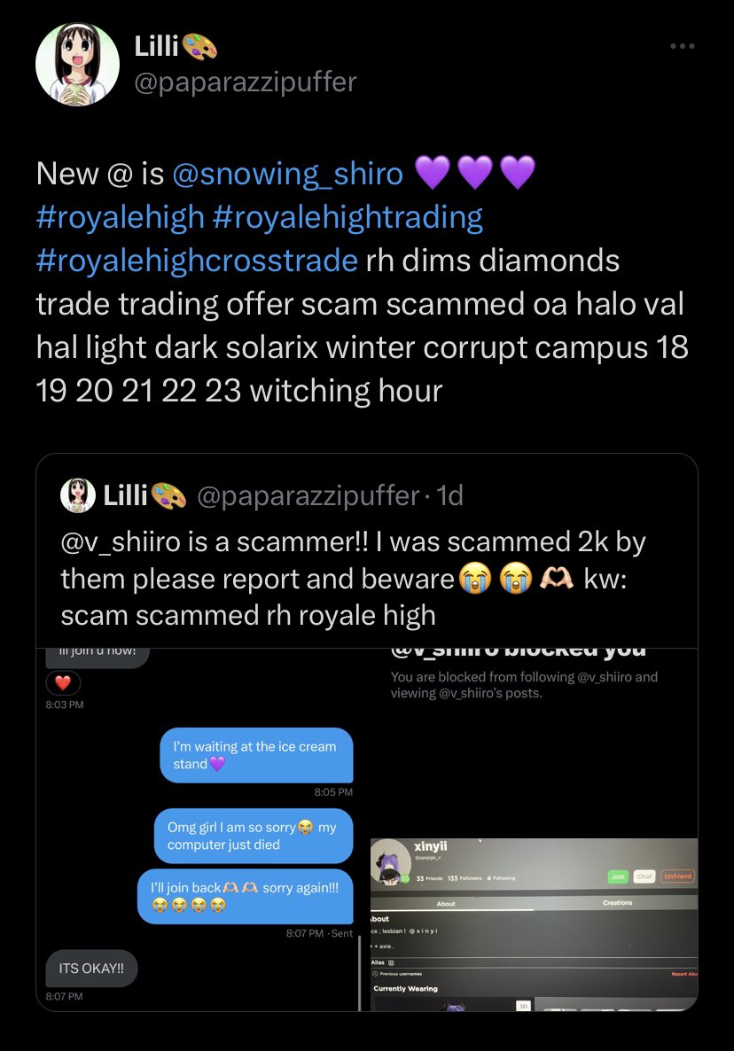 Euphoriahs1's tweet photo. @q_xinyi IS A SCAMMER! TO EVERYONE RESPONDING UNDER THEIR ACCOUNT, DO NOT TRUST THEM. THIS IS THEIR ROBLOX USER AND THIS IS WHERE THEY SCAMMED A USER. #royalehigh #royalehighcrosstrades #royalehighcrosstrading #royalehightrading #royalehighhalo #rhtrading #royalehightradings https://t.co/BQgZXKnEtF