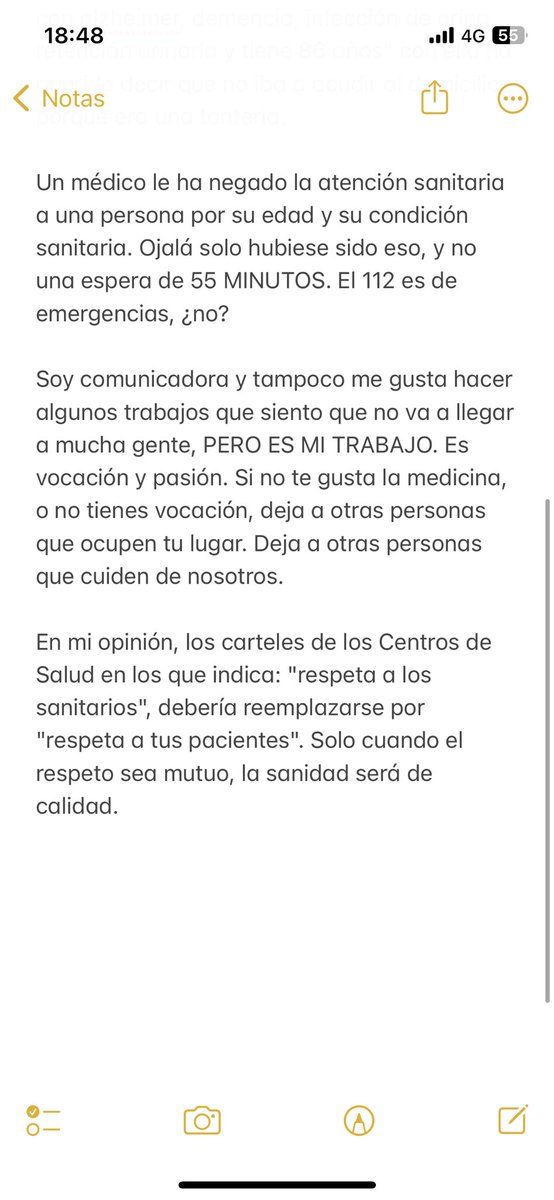 yle_ramos's tweet photo. Importante leerlo. ⤵️

Por desgracia, hay muchas personas que aguantan esto cada día.

Si compartes, quizá lleguemos al médico que ha negado la atención a mi abuela.

Espero que no te de vergüenza asumir lo que has hecho. A mi si me da vergüenza llamarte sanitario. https://t.co/VF9IsjMKGc
