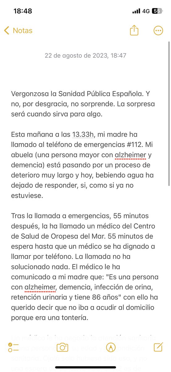 yle_ramos's tweet photo. Importante leerlo. ⤵️

Por desgracia, hay muchas personas que aguantan esto cada día.

Si compartes, quizá lleguemos al médico que ha negado la atención a mi abuela.

Espero que no te de vergüenza asumir lo que has hecho. A mi si me da vergüenza llamarte sanitario. https://t.co/VF9IsjMKGc