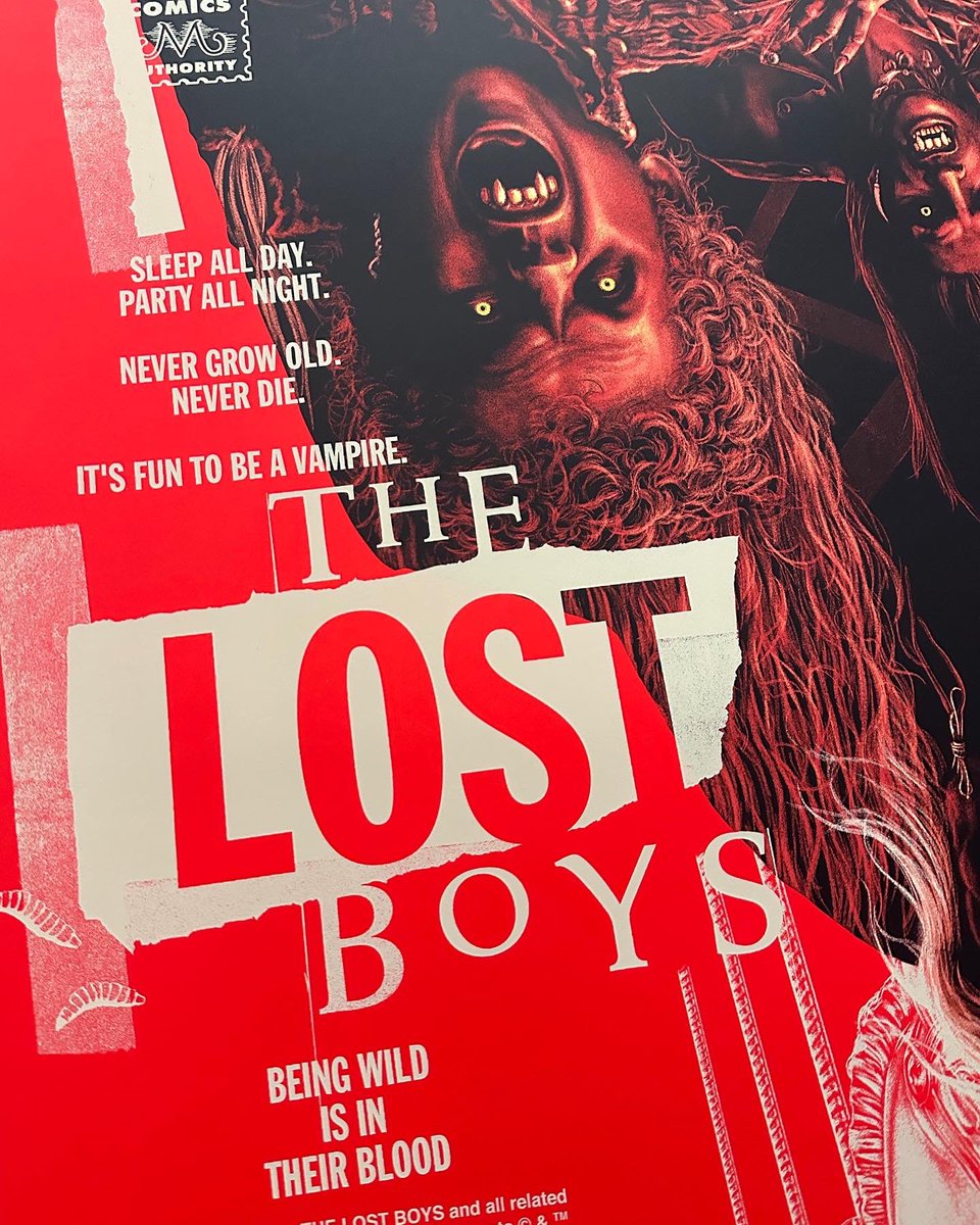 PosterPirate's tweet photo. The Lost Boys by @mattryantobin, via @MondoNews and printed by DL Screenprinting 

2023
24” x 36” screen print
Regular (pictured) - edition of 275
Variant - edition of 175

#thelostboys #movieposter #alternativemovieposters #altposter #amp #postercollector #vampires https://t.co/2F2ORkV0ow