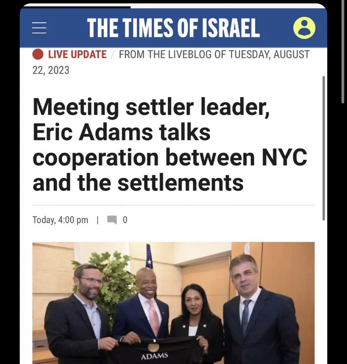 Incredibly disturbing that Democrat Eric Adams @ericadamsfornyc is meeting with and showing support for the illegal settlement movement. We need laws like #NotOnOurDime across this country and we need to throw out these gross money crazed apartheid denying Democrats.