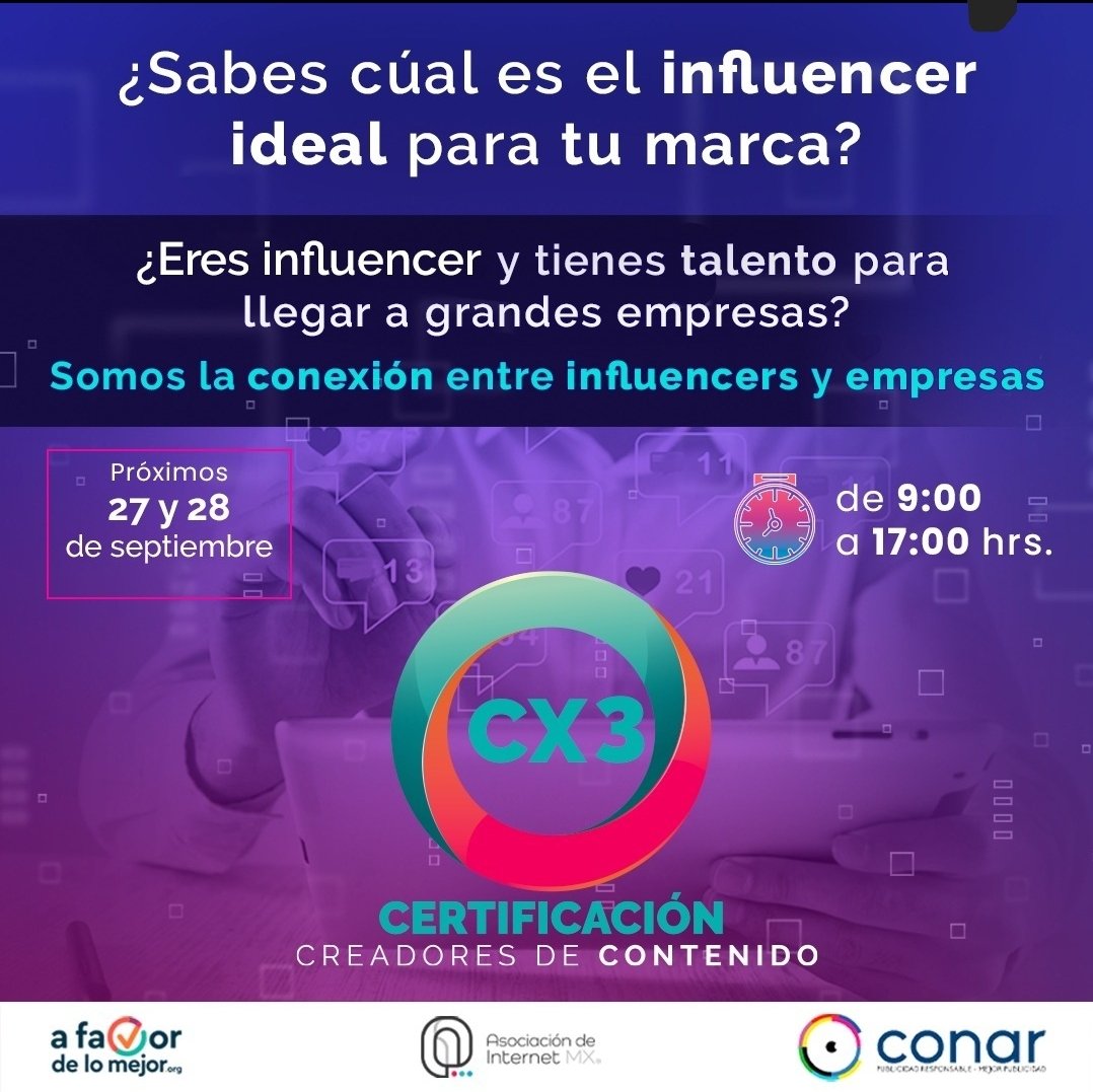 Si eres: creador de contenido, agencia de publicidad, anunciante, empresa, medio de comunicación o central de medios, este evento avalado por CONAR México, A Favor de lo Mejor y la Asociación de Internet MX es para ti.

𝐂𝐔𝐏𝐎 𝐋𝐈𝐌𝐈𝐓𝐀𝐃𝐎
Regístro: cx3.mx