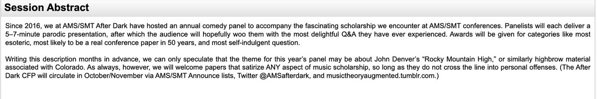 Mark your calendars, friends—AMS/SMT After Dark will be Thur, November 9 @ 8:30pm in the conference hotel this year! 🎉 The After Dark CFP will circulate in October/November here, on musictheoryaugmented.tumblr.com, and via the AMS/SMT announce email lists 🎭