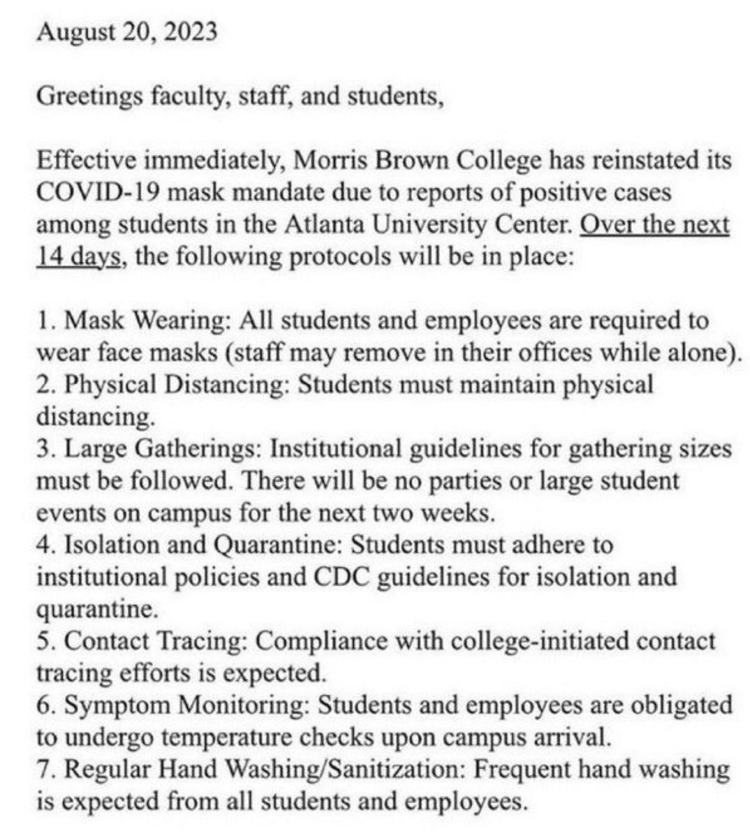 Dear #MorrisBrownCollege students, DO NOT COMPLY. STAND TOGETHER.

Masks & social distancing has been scientifically proven not to work. You’re in the age group that has a .003% chance of dying from Covid. Stay away from others if you have symptoms. Visit flccc.net.