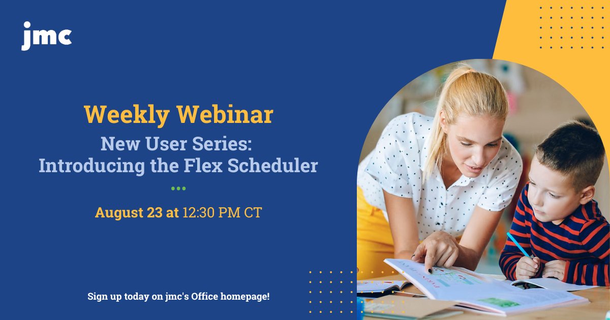 onlinejmc's tweet photo. jmc knows a one-size-fits-all schedule doesn’t exist! 🎉 On August 23 at 12:30 PM CT we’ll explore Flex Scheduler, a feature that allows students and teachers to facilitate meetings for extra help. 

Join us and learn more. Sign up today! 👉 https://t.co/AloZ0Ht16z https://t.co/V1BO5mle9G
