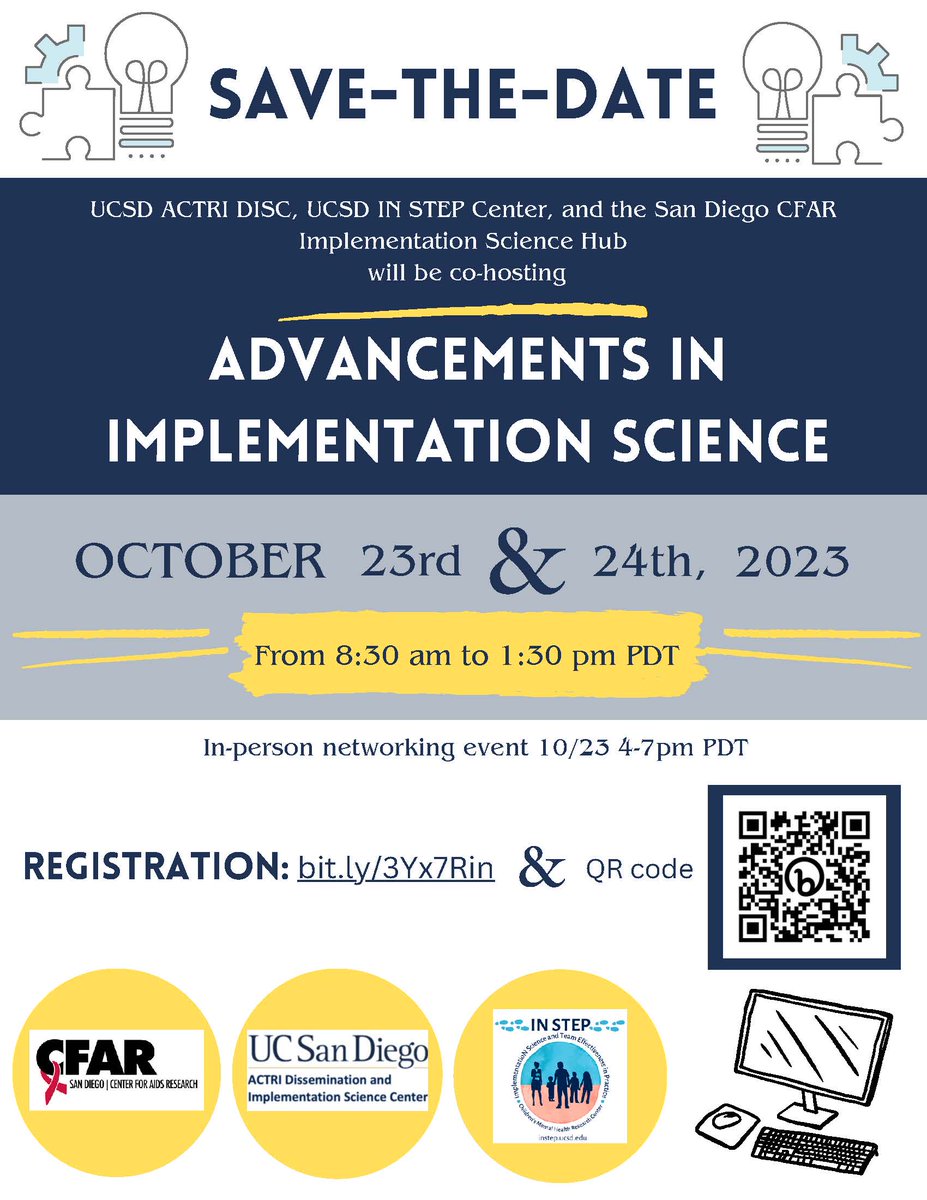 🚨🎉🗓️Mark your calendars! Happening Oct 23 and 24 2023👉Advancements in #ImpSci 2-day Virtual Workshop & In Person Networking Event! 

Co-hosted by @ImpSciUCSD  @UCSDALACRITY & @SDCFAR 's IS Hub! 
🧐Register here: bit.ly/3Yx7RIn