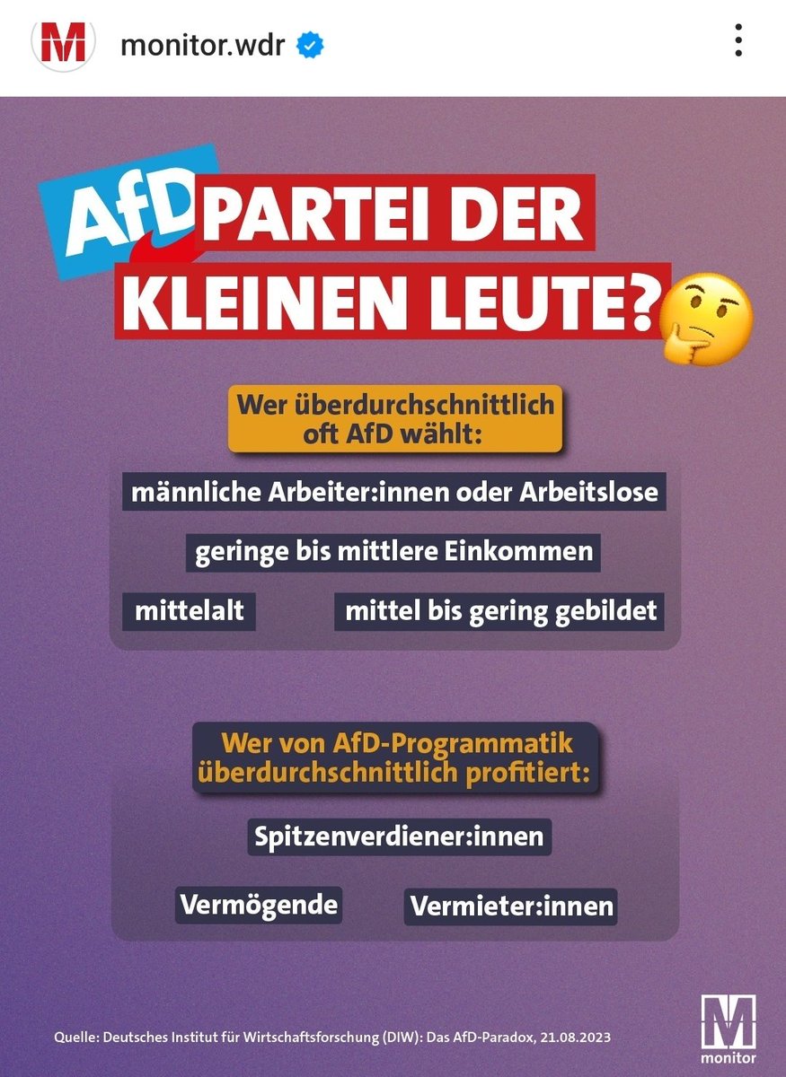 Perfekte Social Media Arbeit - bauen einen Genderfehler ein ("männliche Arbeiter:innen"), über den sich Rechte lustig machen, die dabei zum Beweis aber gleich das ganze Bild zeigen, in dem Wähler und Profiteure der AfD gezeigt werden. Raffiniert! :)
#wirsindmehr #noafd