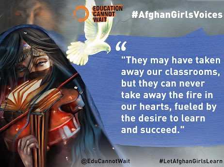 KentPage's tweet photo. "They may have taken away our classrooms, but they can never take away the fire in our hearts, fueled by the desire to learn &amp; succeed."

#AfghanGirlsVoices call for their right to #education v/@EduCannotWait campaign

Please retweet to share their call👉https://t.co/qUfOsKQzg6 https://t.co/r5CliSC9i4