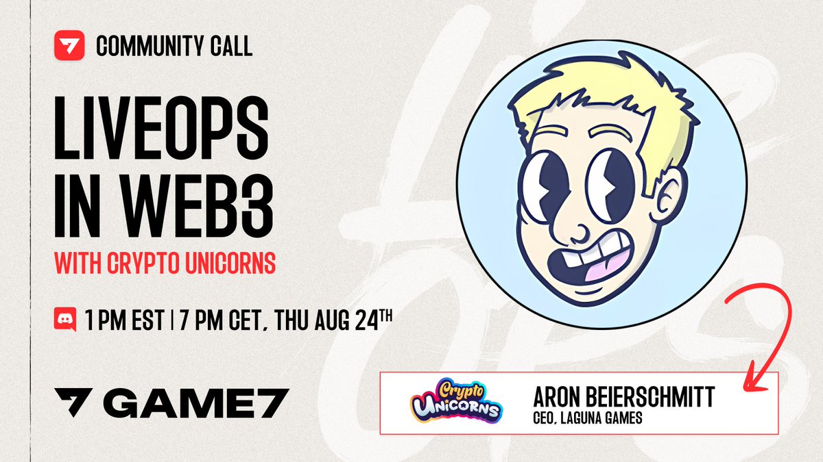 📢 Community Call 📢 Join us on Discord to hear @abearschmitt, CEO of Laguna Games (@crypto_unicorns) walk us through building - and maintaining - a sustainable ecosystem in the space. Where: discord.gg/g7dao When: Thu, Aug 24th at 1 pm PST