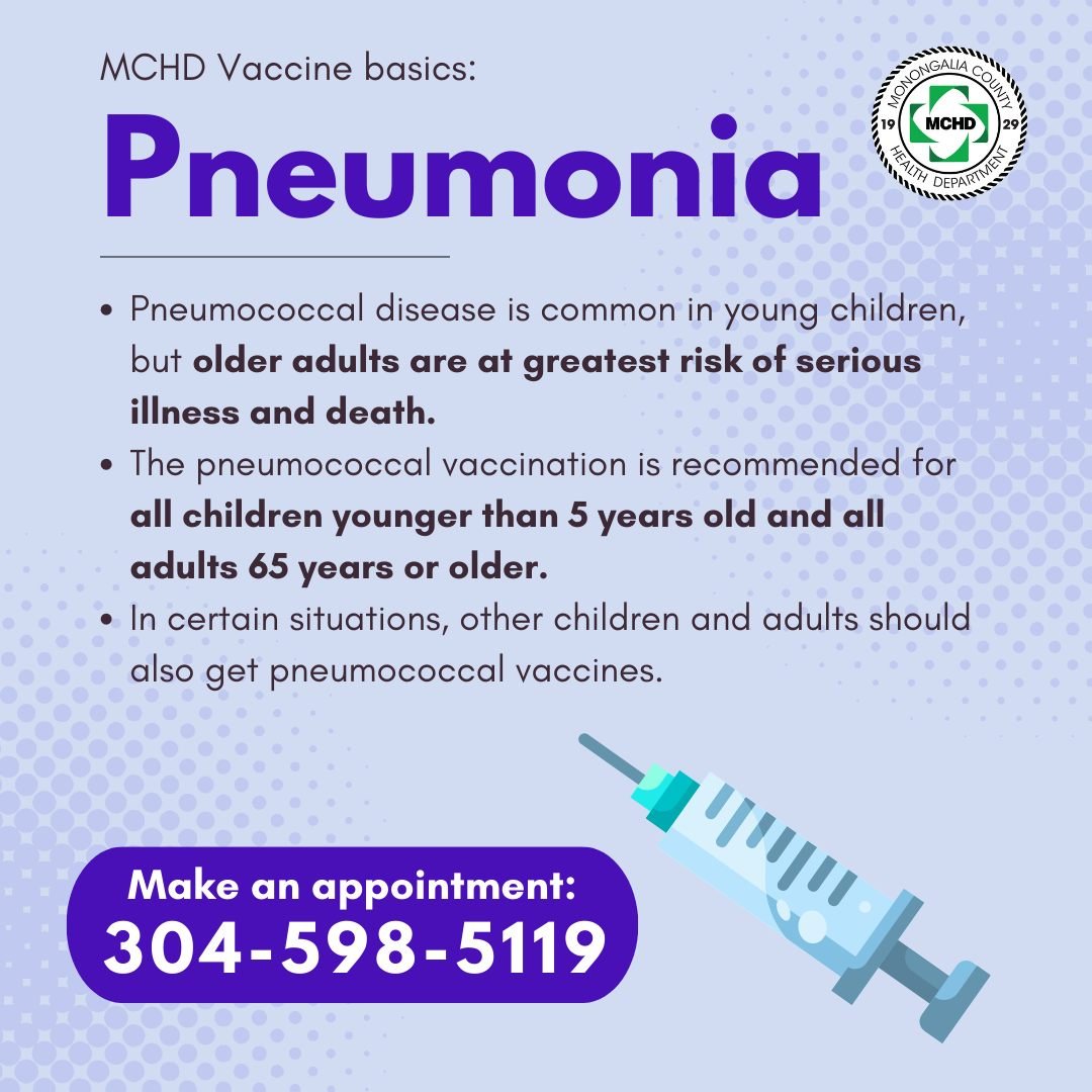 WVMCHD's tweet image. Know the basics about the pneumococcal vaccination!  Not sure what you need, or just have questions about vaccines? Our friendly nurses are here to help. Make an appointment by calling 304-598-5119.
#WVMCHD #VaccinationIsKey #NationalImmunizationAwarenessMonth