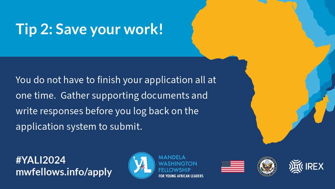 SeveEkpe's tweet photo. Another helpful tip for your #YALI2024 application: save your work! You don't have to finish it all in one sitting, so take your time and plan out your responses. Start your application today: https://t.co/UNkexZtSnE 

@USDepartmentOfState, Exchange Programs https://t.co/P6jdhS97jW