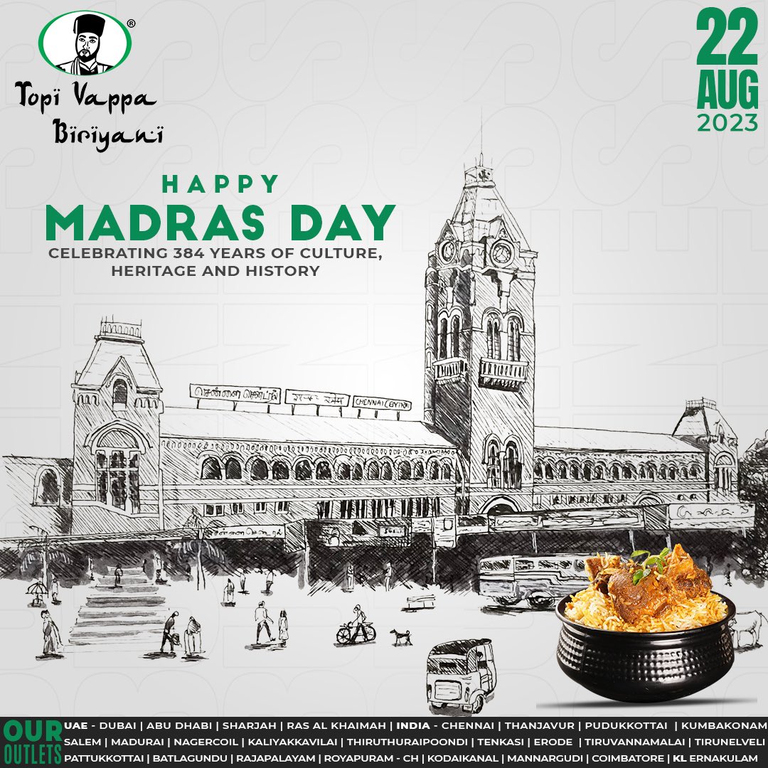 topi_vappa's tweet photo. Let’s Celebrate the spirit of chennai and cherish the unique essence of Madras 
Happy Madras Day 
#MadrasDay #madras #topivappabiriyani https://t.co/UqgPmht5uo