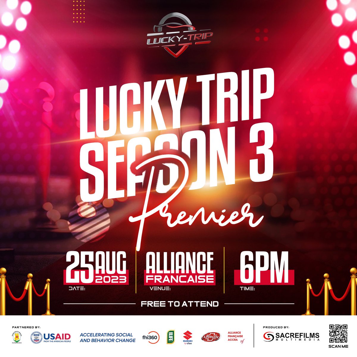 GoodLifeGh_'s tweet photo. On *August 25th, 6 PM, join us at Alliance Française* for Lucky Trip Season 3 premiere! *Free entry*, a chance to meet celebs, and a night of adventure. Don't miss it!
@naa_ashorkor_ @erkuahofficial @elikemkumordzie @kalybos1 @kafuidey #LuckTripgh #LuckyTripSeason3 
@LuckyTripGh https://t.co/67bHKiQbJn