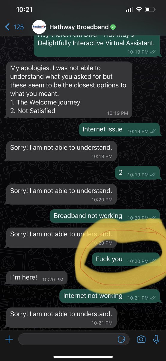 madanwins's tweet photo. @HathwayBrdband your AI assistant sucks. If I say fuck you it responds I’m here and if I say internet not working it responds I’m not able to understand. Also, Chennai location not in your website then why you are providing service. No response from CSR Ramesh madambakkam Chennai https://t.co/6NltvheCjO
