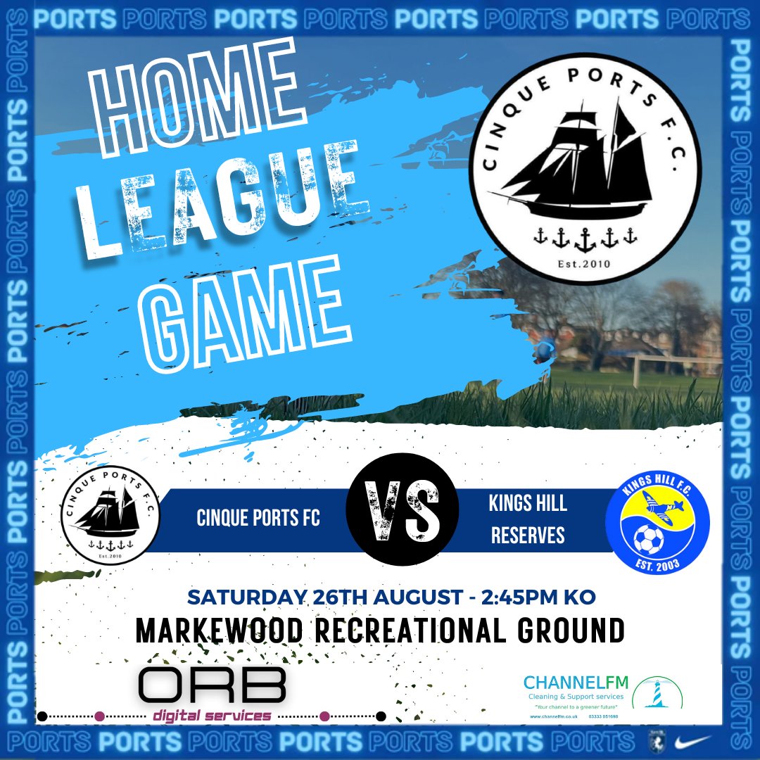 🏆 Cinque Ports FC's 2nd league game is here, facing Kings Hill Reserves at home. Join us at Markewood Recreational Ground for kickoff at 2:45pm. 🥤Stay hydrated with drinks and treat yourself to confectionery goodies. 🙌 #CinquePortsFC #Matchday #GetReadyToRumble