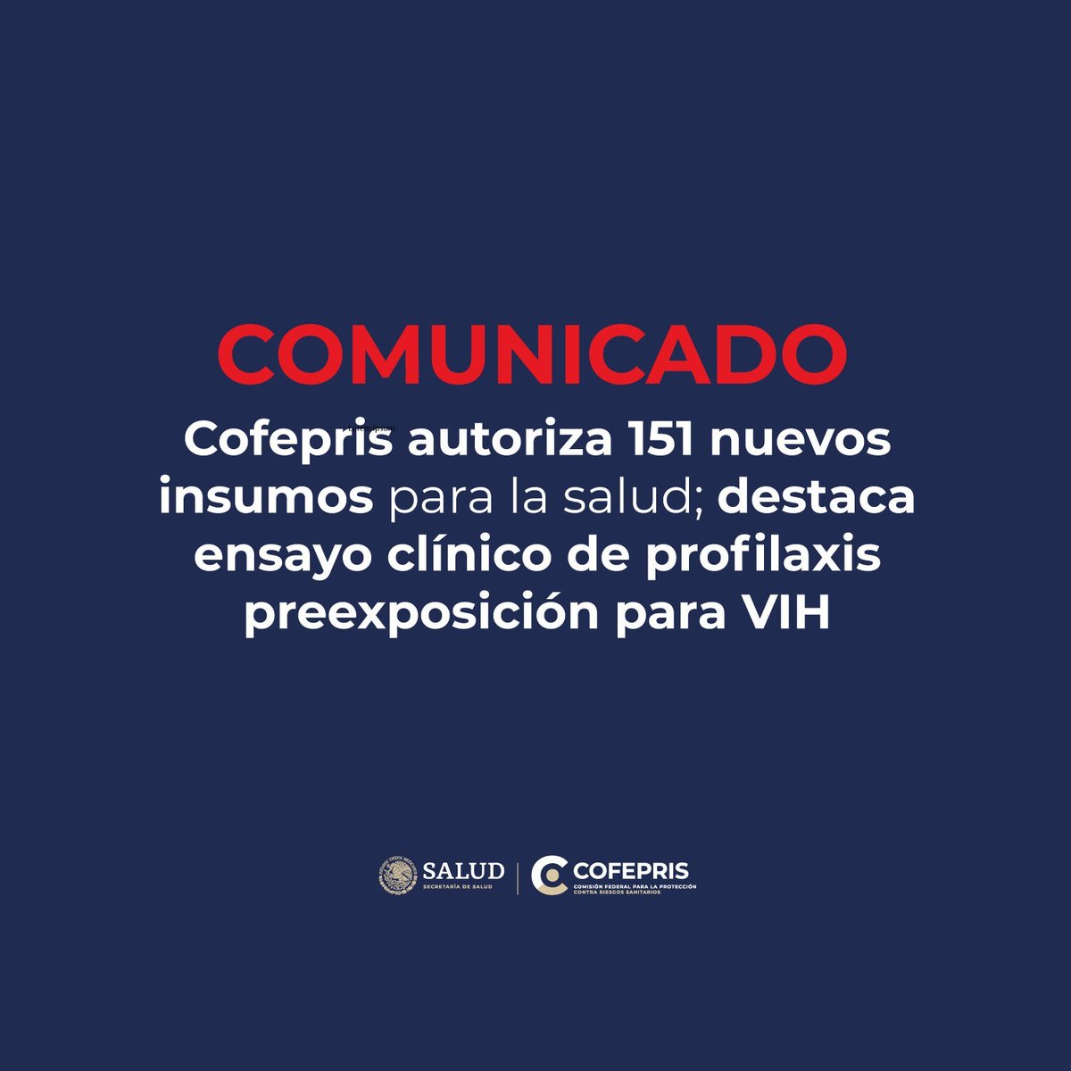 COFEPRIS's tweet photo. Cofepris autoriza 151 nuevos insumos para la salud; destaca ensayo clínico de profilaxis preexposición para VIH.
#CofeprisTransparente

💊https://t.co/E4R6MzJwvP https://t.co/I1Tni4bJ27