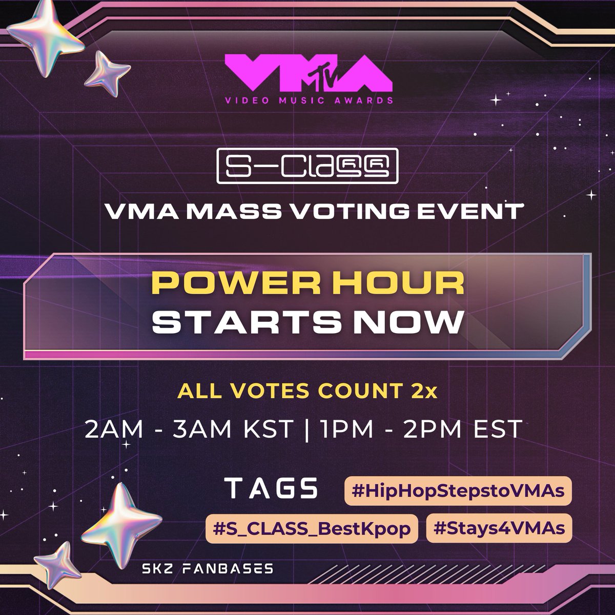 [ 📣 VMA POWER HOUR STARTS NOW!]

STAYs, Stray Kids are confirmed performing at the VMAs this year. We need everyone to participate!! Let’s win this!! 

Vote here daily: mtv.com/vma/vote/best-…
⭐ 20 votes per account during power hour (2AM - 3AM KST)

ALL VOTES COUNT 2x THIS