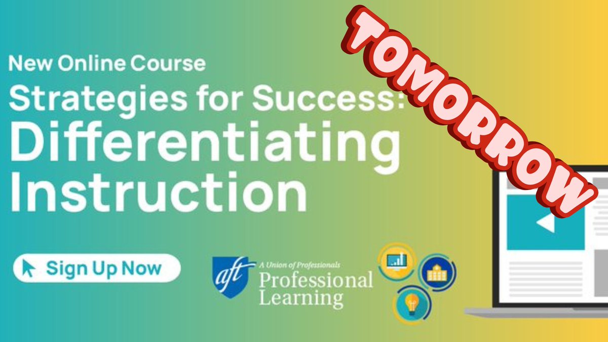 🌟 The next #AFTPD self-paced #AFTeLearning course Differentiating Instruction is TOMORROW. Register for the @AFTunion’s Strategies for Success series!

Click for more information: aftelearning.org/Differentiation 

@SarahElwellDC @LisaEdickinson @AFTMembBen