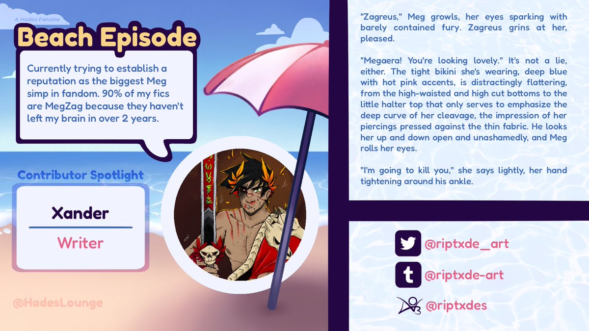 The Lounge on X: ☀️Beach Episode, a Hades Game fanzine, is now available  for FREE! ☀️ 21 contributors, 100+ pages of content, and a whole lot of  sunshine! ⛱️ 🏖️ Download for