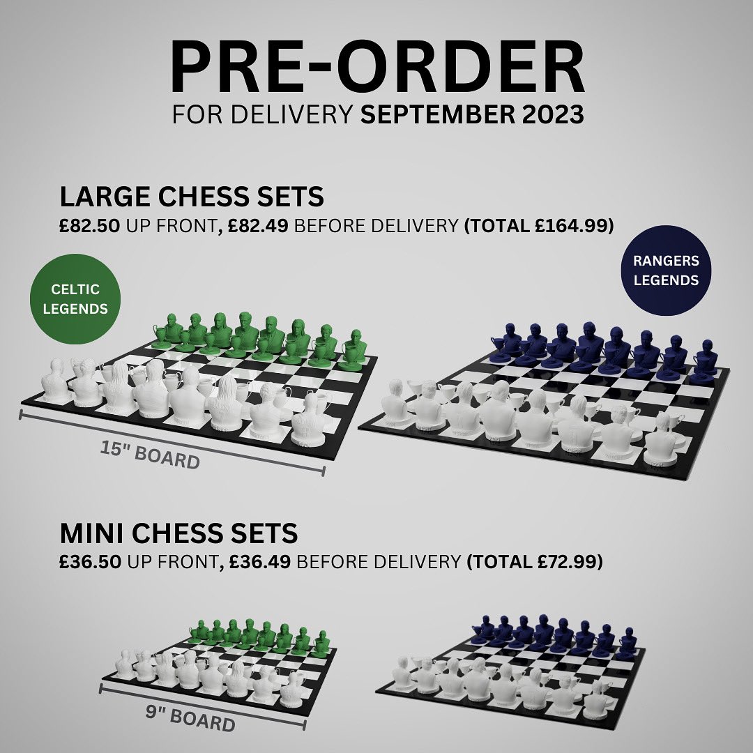🍀🇬🇧 We still have #Celtic and #Rangers Legends Chess Sets available to pre-order through our website!

3dscotland.net/shop 🚨♟️