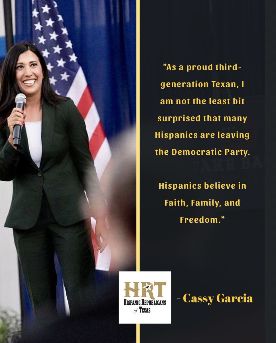 Cassy Garcia (@casandralgarcia) on Twitter photo As a proud third-generation Texan, I’ve lived the American Dream, I know it’s real, and as President of <a href="/HRTexas/">Hispanic Republicans of TX</a>
I will continue to be a strong voice for Hispanic family values. ❤️🇺🇸 As a proud third-generation Texan, I’ve lived the American Dream, I know it’s real, and as President of <a href="/HRTexas/">Hispanic Republicans of TX</a>
I will continue to be a strong voice for Hispanic family values. ❤️🇺🇸